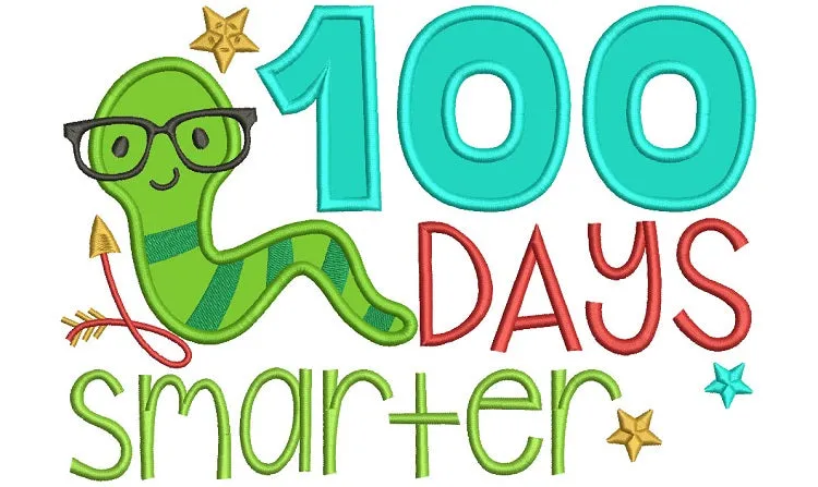 100 Days Smarter Book Worm School Applique Machine Embroidery Digitized Design Pattern