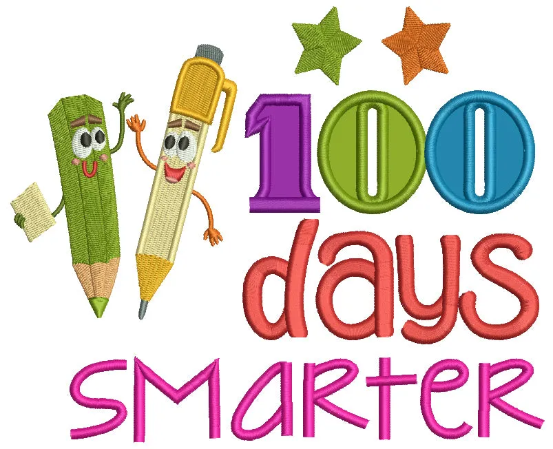 100 Days Smarter Two Pencils Applique Machine Embroidery Design Digitized Pattern