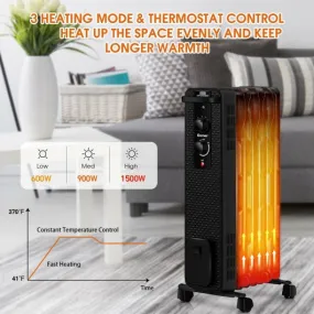 1500 W Oil-Filled Heater Portable Radiator Space Heater w/ Adjustable Thermostat