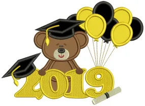 2019 Graduation Bear With Balloons Applique Machine Embroidery Design Digitized Pattern