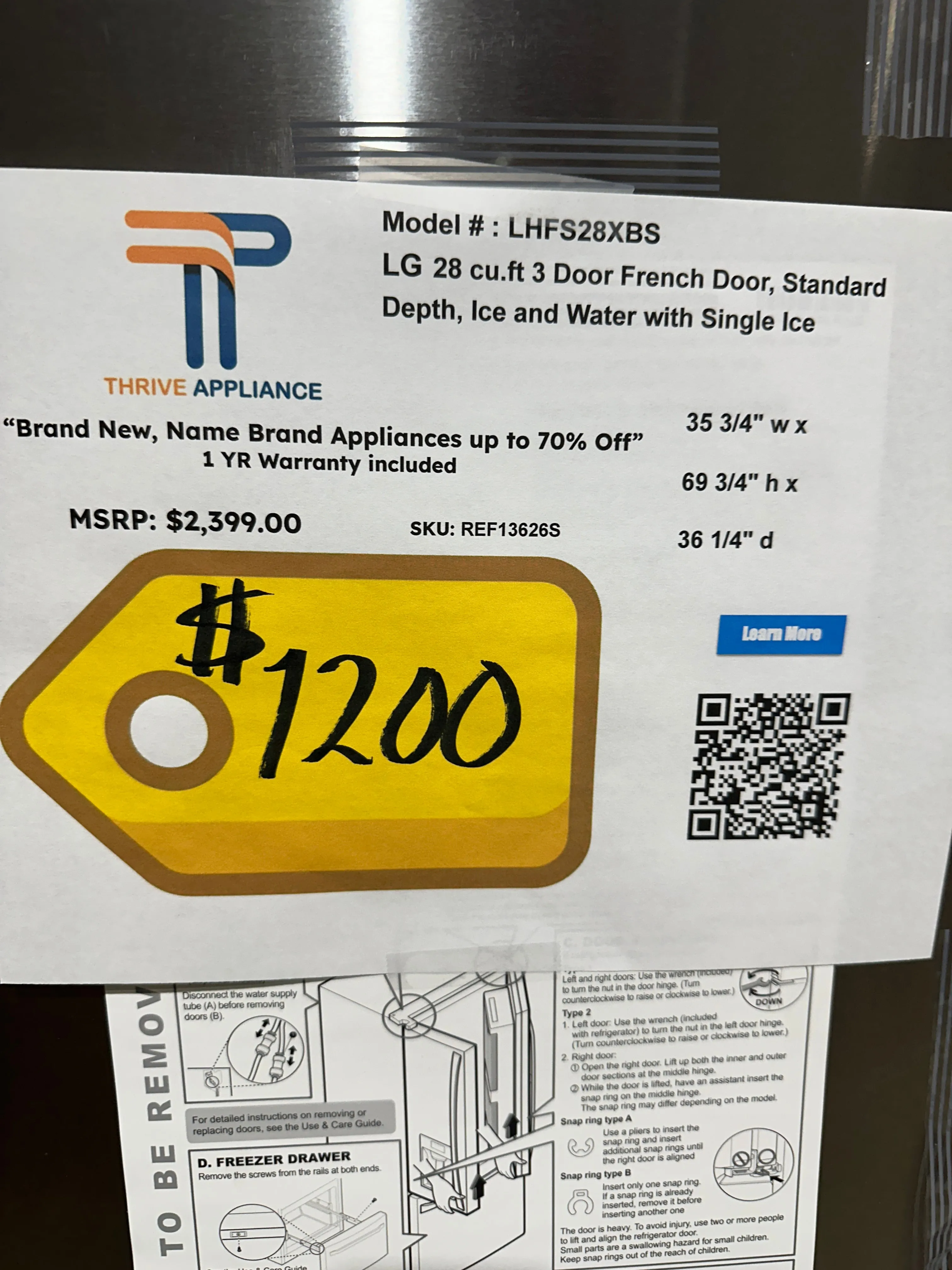 27.7 CU FT FRENCH DOOR LG REFRIGERATOR MODEL: LHFS28XBS REF13626S