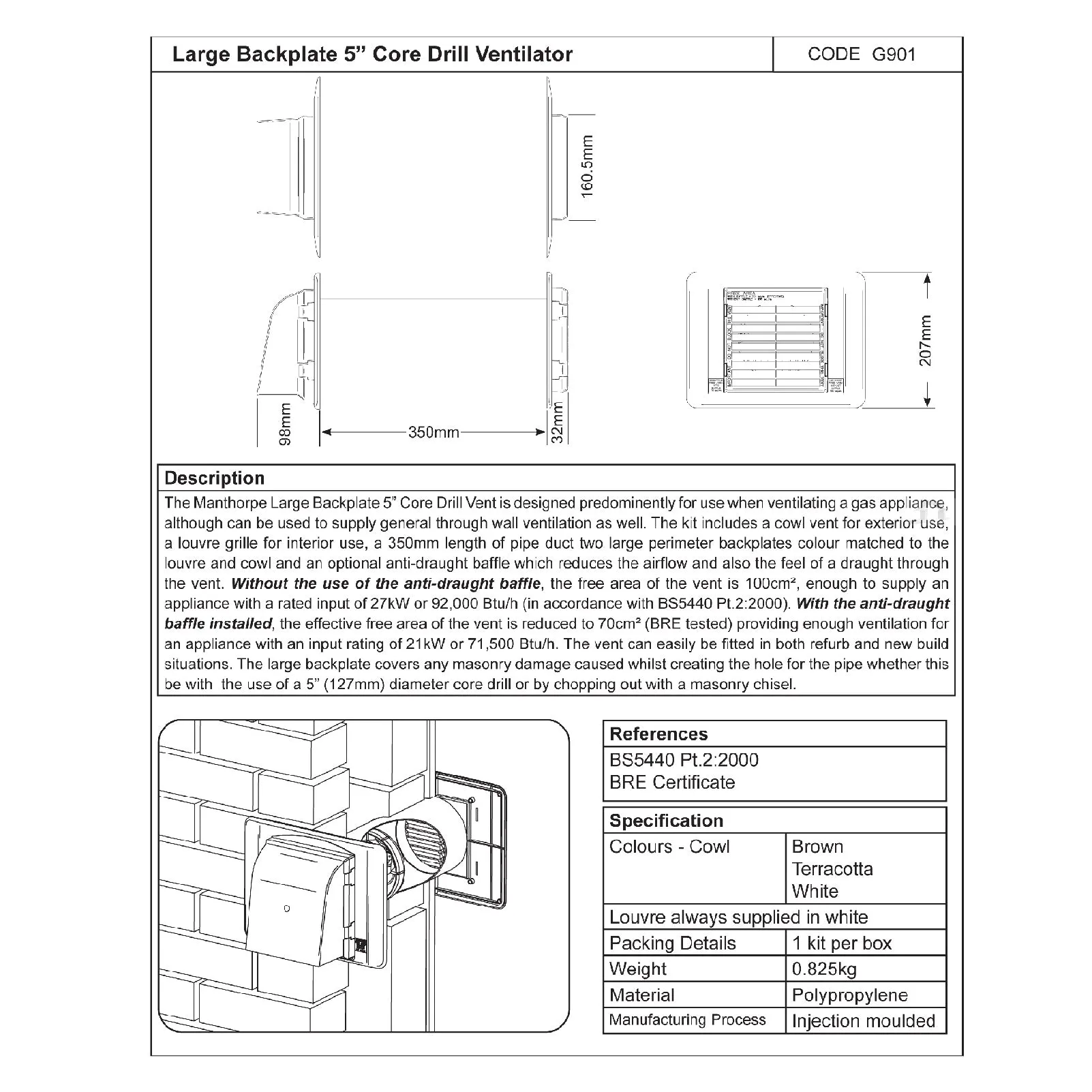 5" Cavity Core Vent Gas Ventilator with Anti Draught Cowl