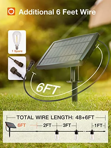 addlon 54(48 6) FT Solar String Lights Outdoor Waterproof with USB Port & Remote Control Solar Patio Lights Long Last for 20 Hrs Dimmable Solar Power LED Bulbs for Porch Garden Market Bistro