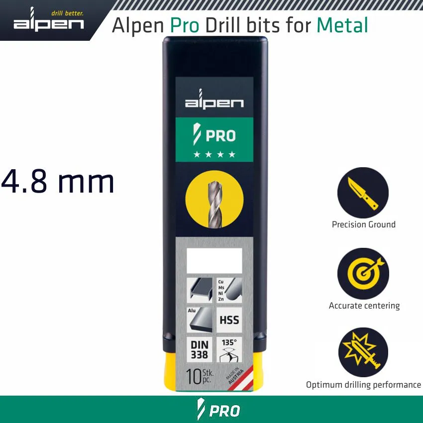 ALPEN ALPEN PRO HSS DRILL DIN 338 RN 135  WITH SPLIT POINT 4.8MM BULK ALP9540048