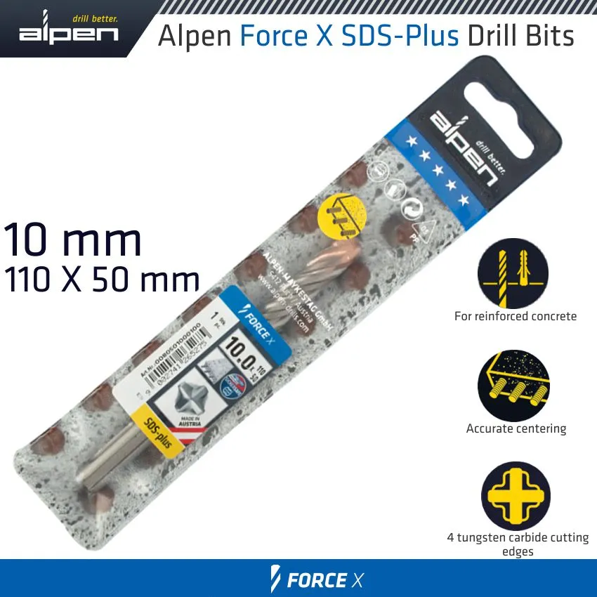 ALPEN FORCE X 10.0 x110/050  SDS-PLUS DRILL BIT X4 CUTTING EDGES ALP805010