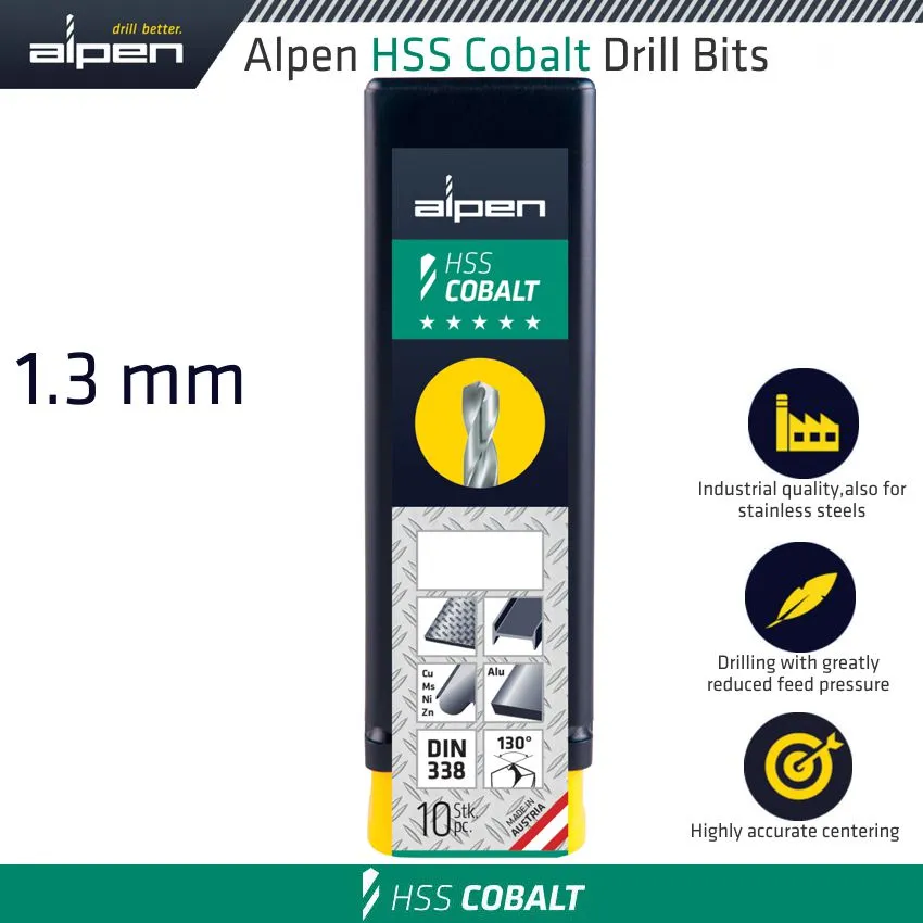 ALPEN HSS COBALT DIN 338 1.3MM BULK ALP6130013