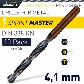 ALPEN HSS SPRINT MASTER 4.1MM 10-PACK HANG TAG DIN 338 ALPEN DRILL BITS ALP6310041