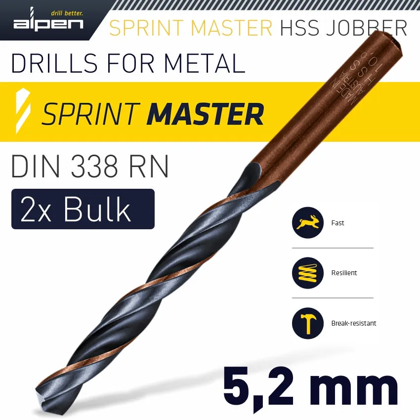 ALPEN HSS SPRINT MASTER 5.2MM X2 SLEEVED DIN 338 ALPEN DRILL BIT ALP6260052-1