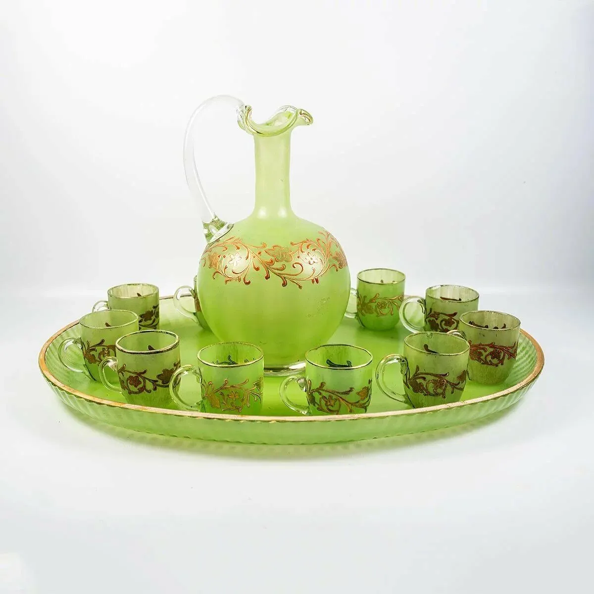 Antique French Napoleon III Cabaret, Green Opaline & Raised Gold Carafe, Tray  