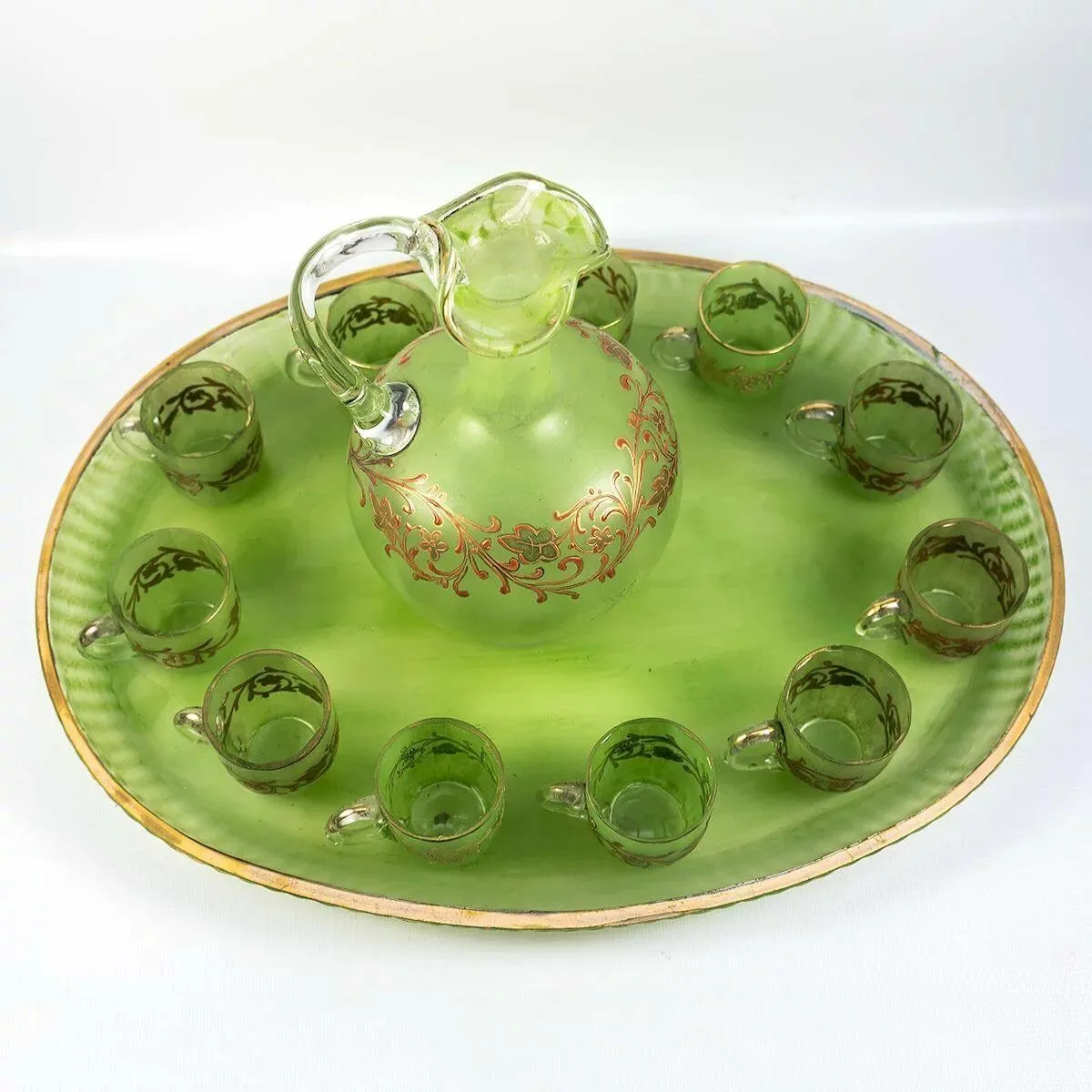 Antique French Napoleon III Cabaret, Green Opaline & Raised Gold Carafe, Tray  