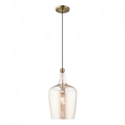 ART GLASS 1 LIGHT MINI PENDANT, ANTIQUE BRASS