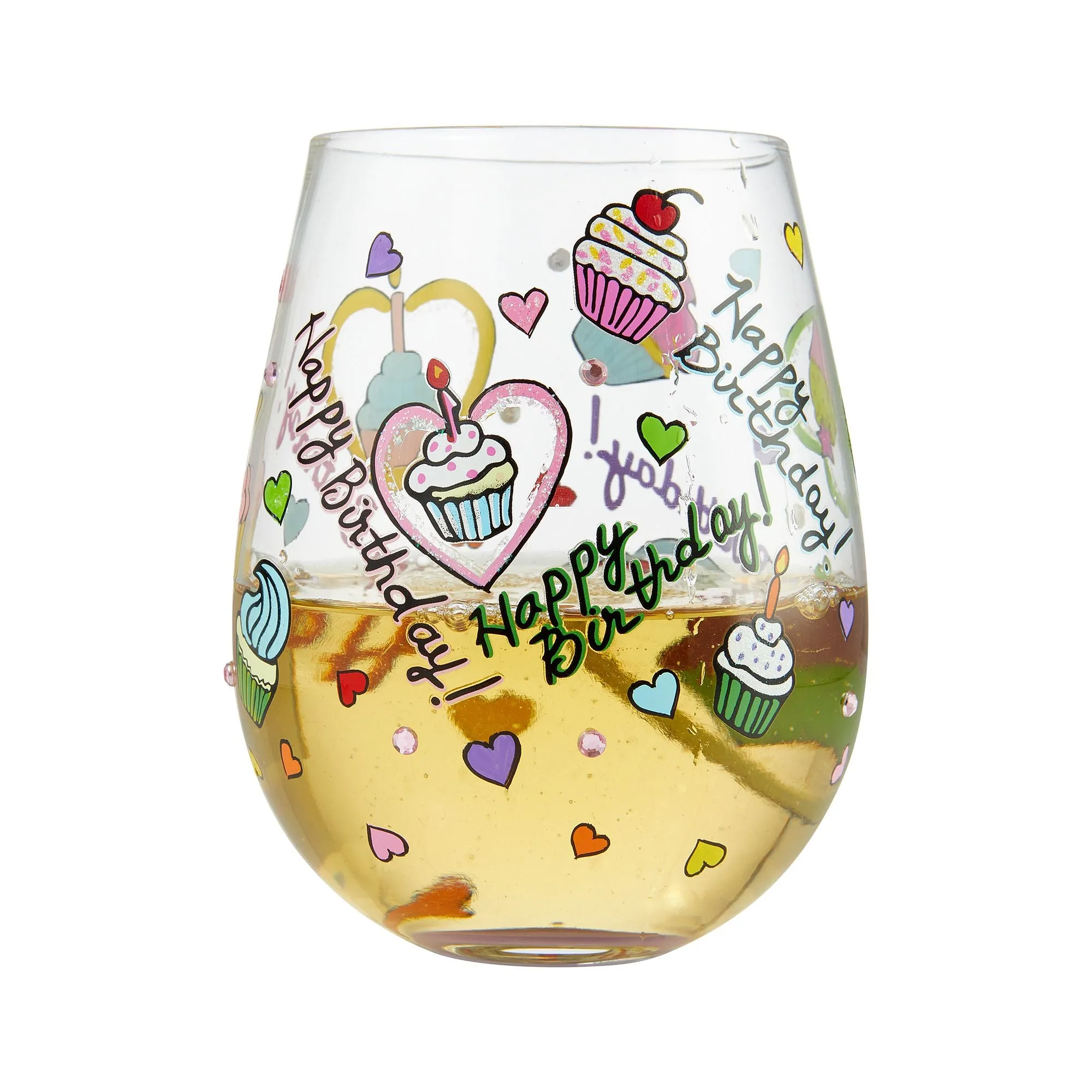 Birthday Cupcakes Hand-Painted Stemless Wine Glass, 20 oz.