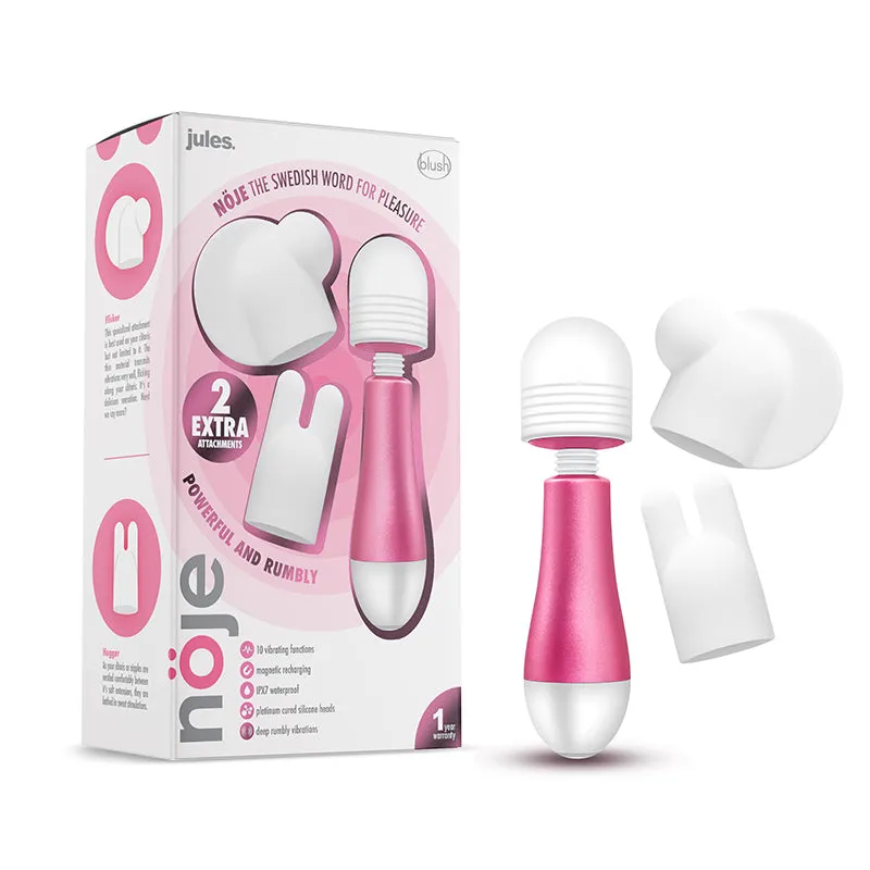 Blush Noje Jules Rechargeable Mini Wand Vibrator with 3 Silicone Head Attachments Rose