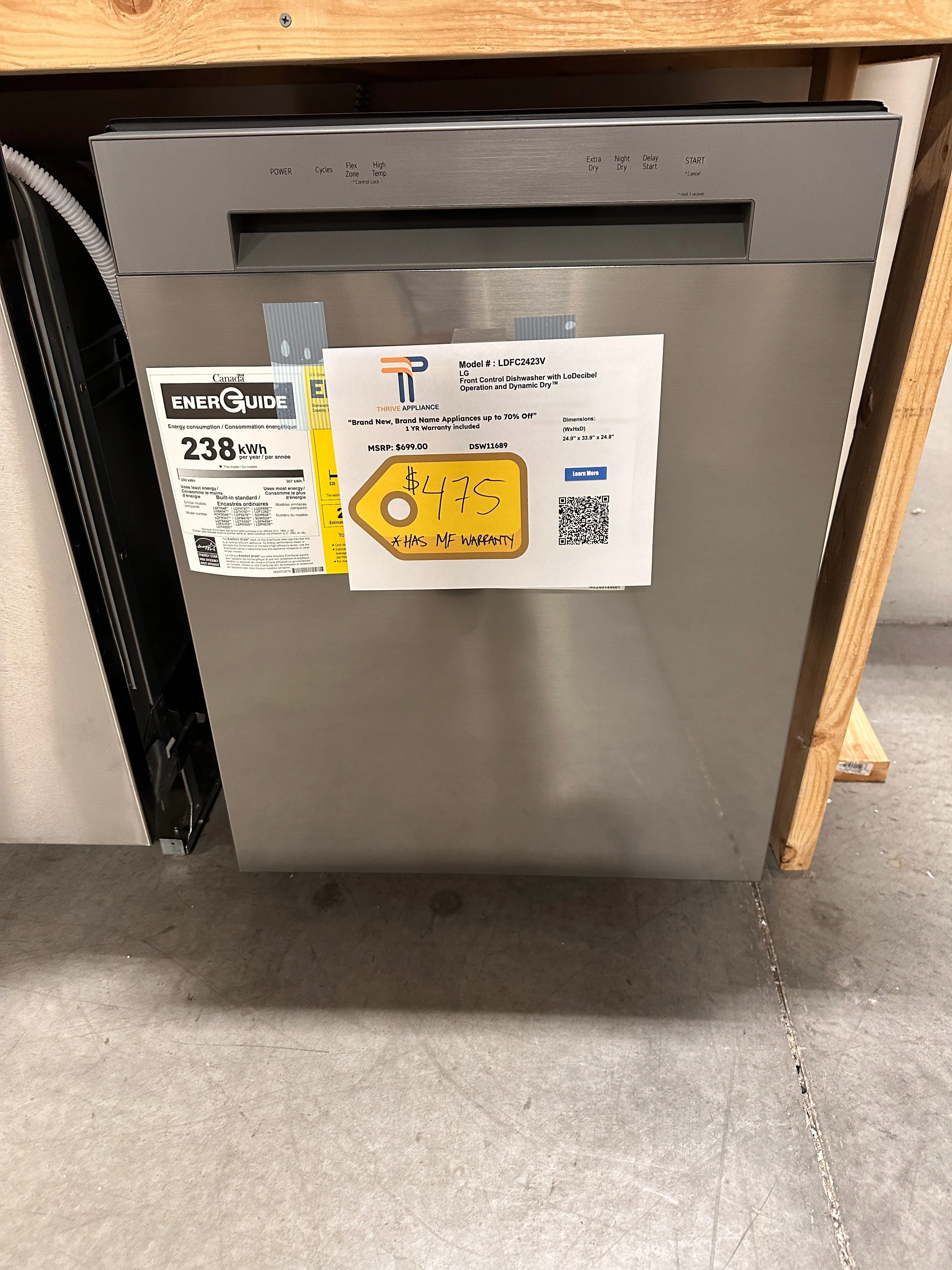 BRAND NEW LG FRONT CONTROL DISHWASHER MODEL: LDFC2423V DSW11689