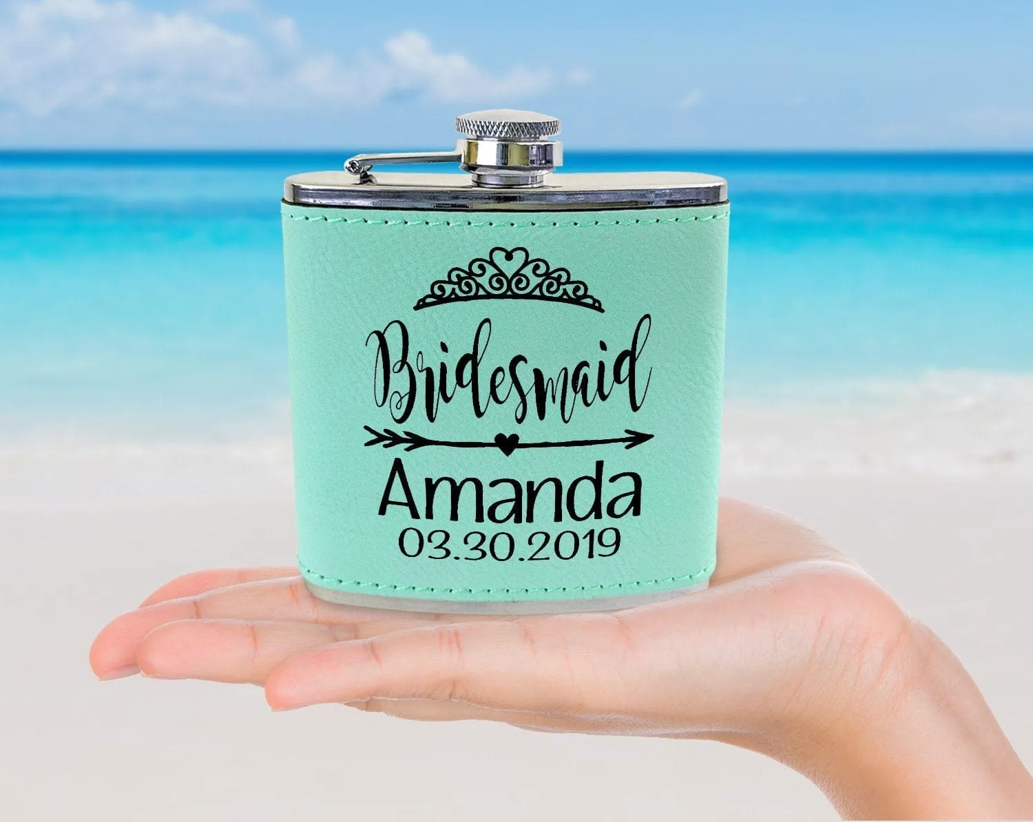 Bridesmaid Teal or Pink Leather Customized Flask Engraved for Bride Beach Wedding Destination Gift Stainless Steel Sister Mother of Bride