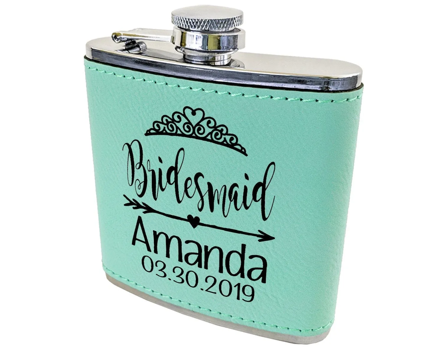 Bridesmaid Teal or Pink Leather Customized Flask Engraved for Bride Beach Wedding Destination Gift Stainless Steel Sister Mother of Bride