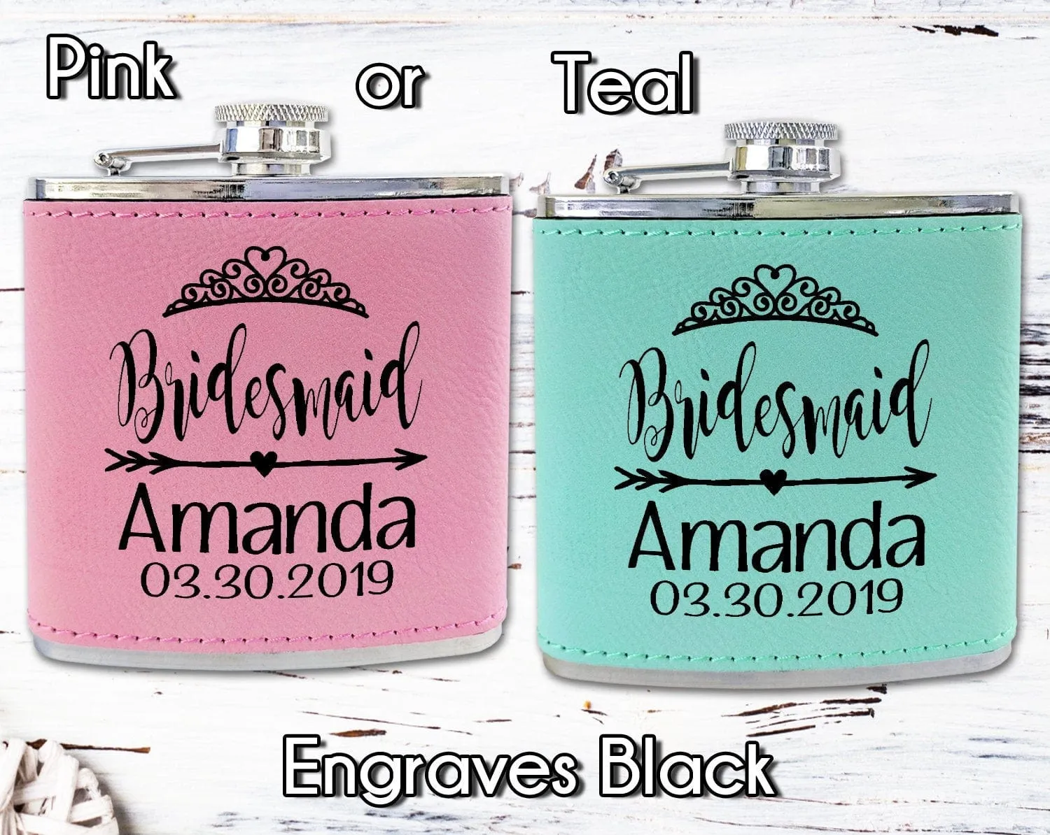 Bridesmaid Teal or Pink Leather Customized Flask Engraved for Bride Beach Wedding Destination Gift Stainless Steel Sister Mother of Bride