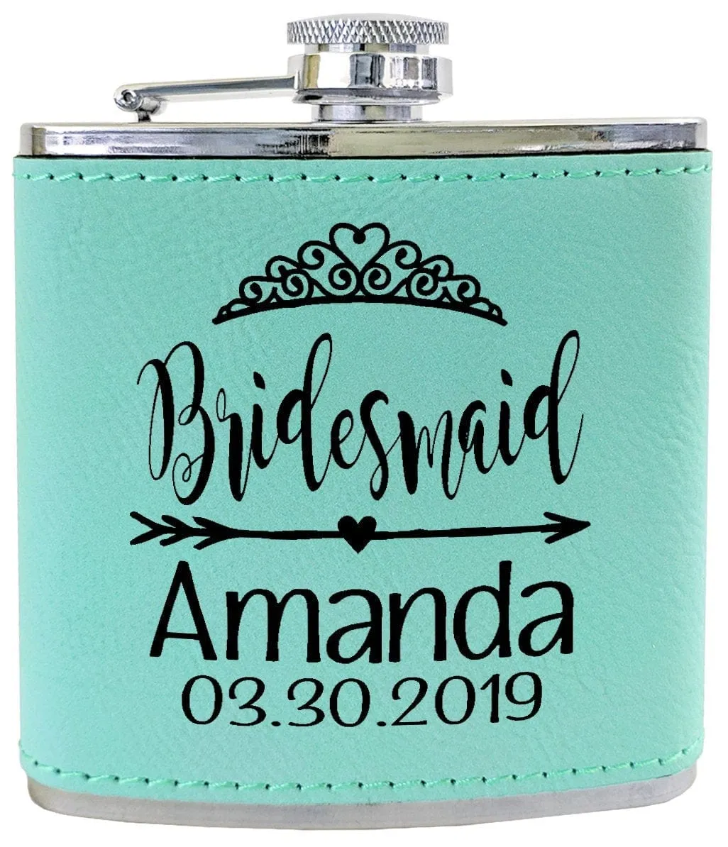 Bridesmaid Teal or Pink Leather Customized Flask Engraved for Bride Beach Wedding Destination Gift Stainless Steel Sister Mother of Bride