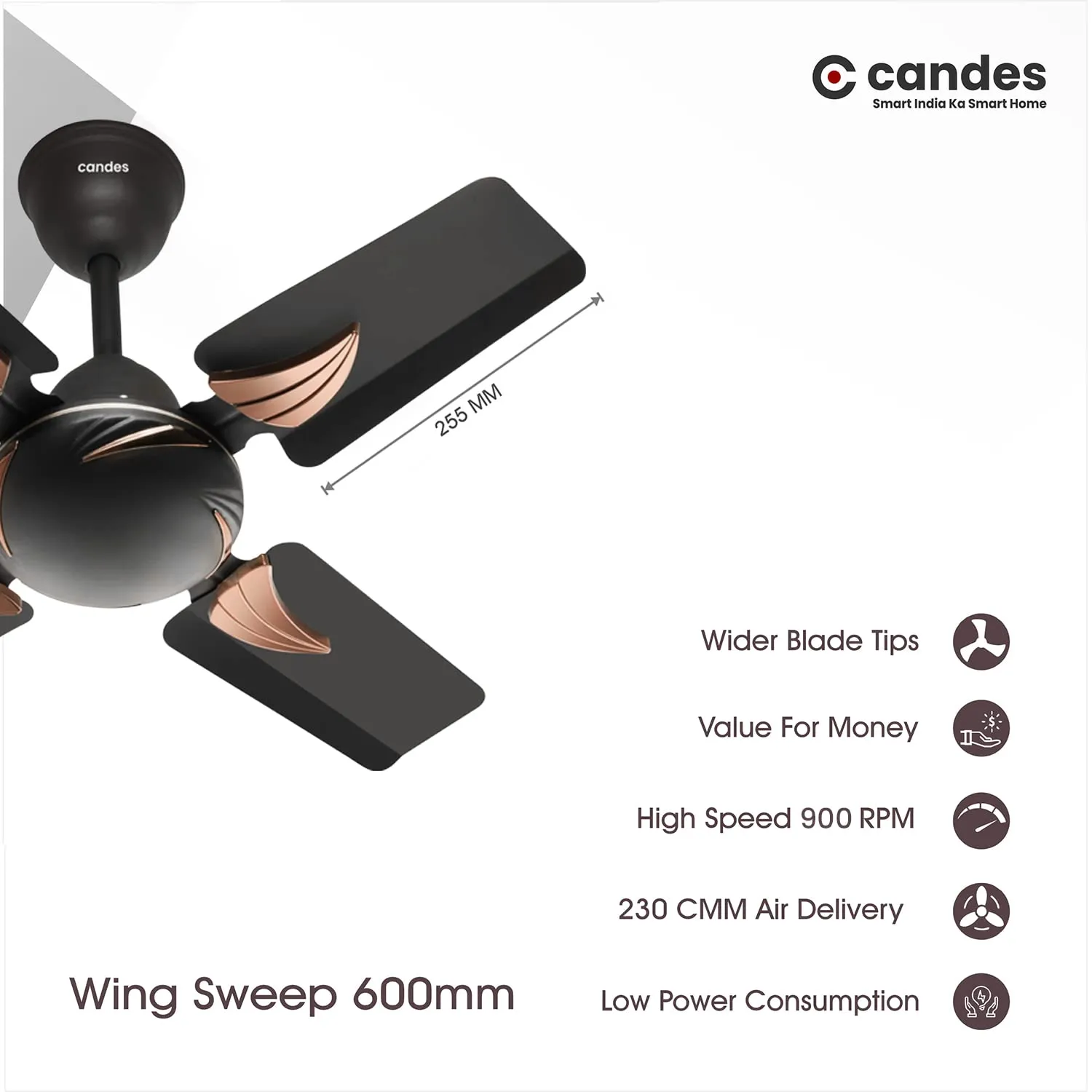 Candes EON High Speed 24Inch / 600 mm Anti-dust Decorative 405 RPM, 3 Star Rated Ceiling Fan 2 Yrs Warranty Coffee Brown Pack of 2