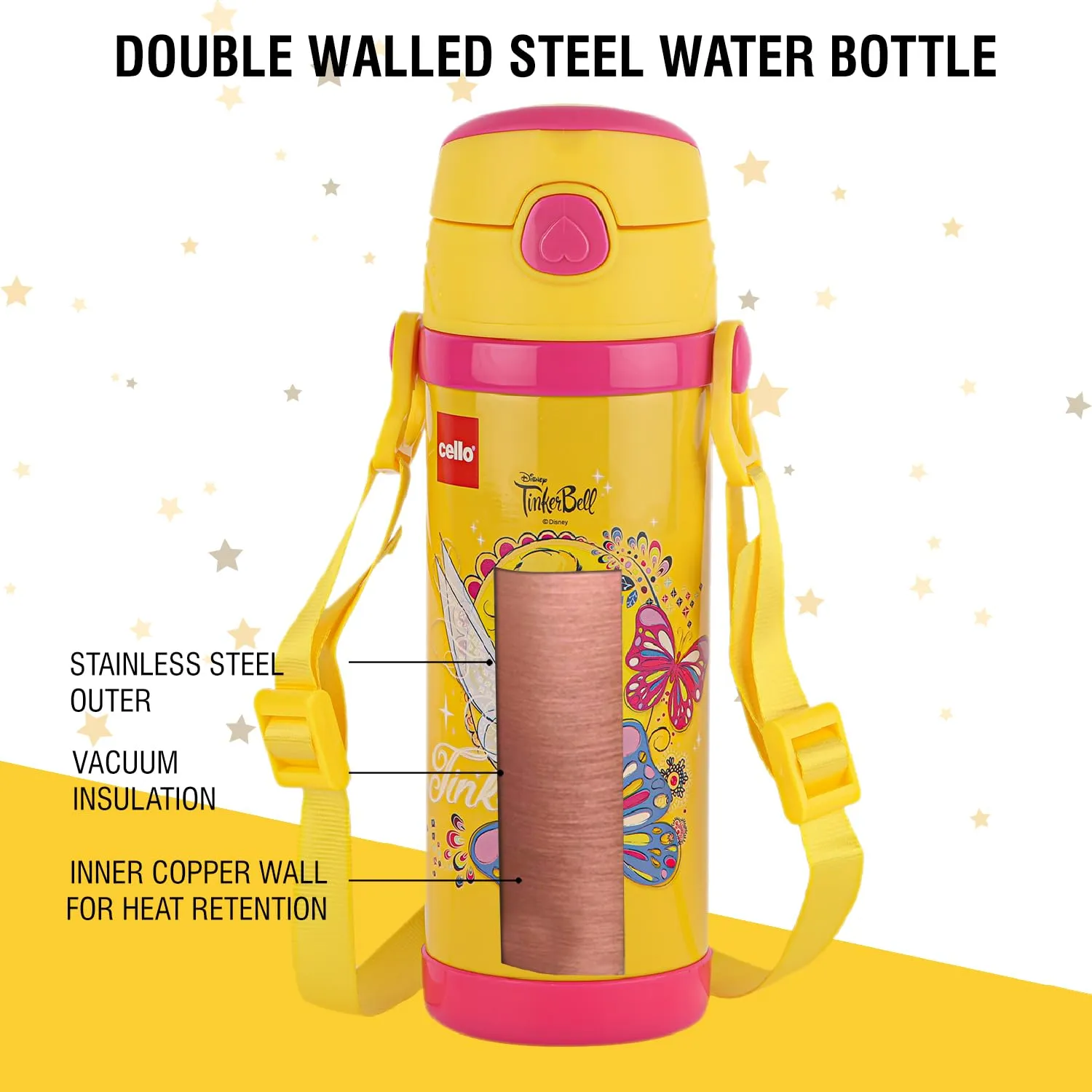 Cello Champ Vacuum Insulated Flask | Hot and Cold Kids Water Bottle | Sipper Bottle | Leak Proof | Easy to Carry | Double Walled Stainless Steel Bottle for Travel, School, Picnic | 600ml, Yellow