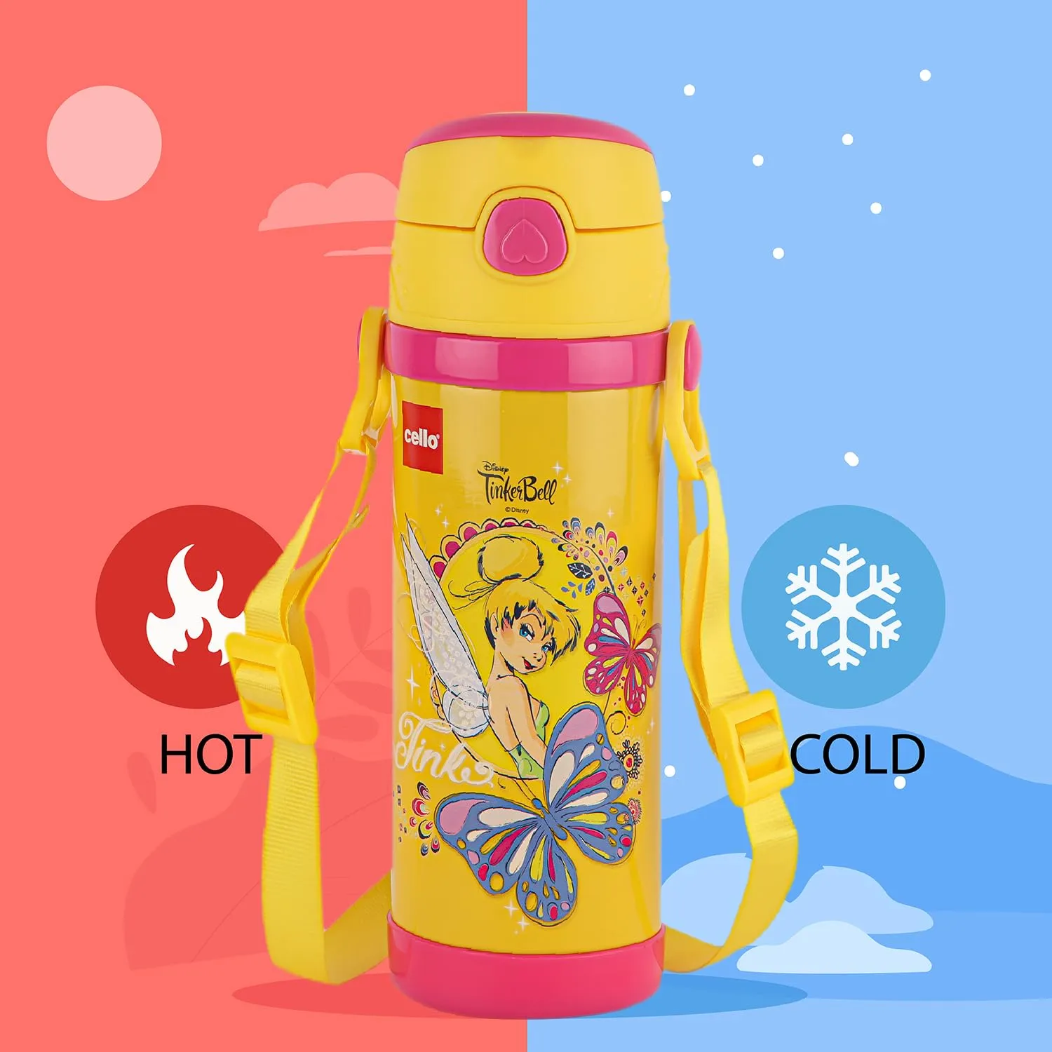 Cello Champ Vacuum Insulated Flask | Hot and Cold Kids Water Bottle | Sipper Bottle | Leak Proof | Easy to Carry | Double Walled Stainless Steel Bottle for Travel, School, Picnic | 600ml, Yellow