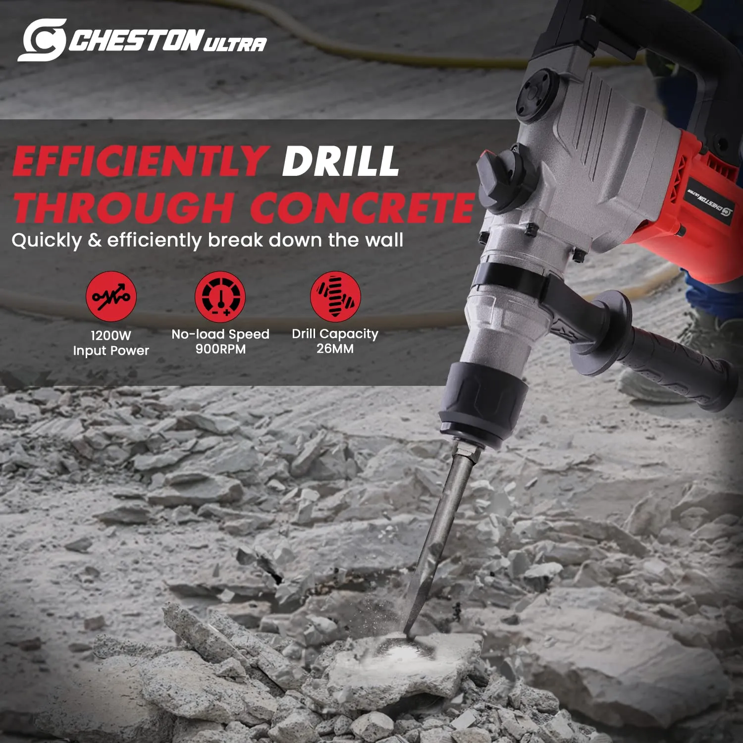 Cheston Ultra 26mm Core Drill Rotary Hammer 1200W | 900RPM For Drilling & Demolition Task With Accessories 3 Drill Bits & 2 Chisels