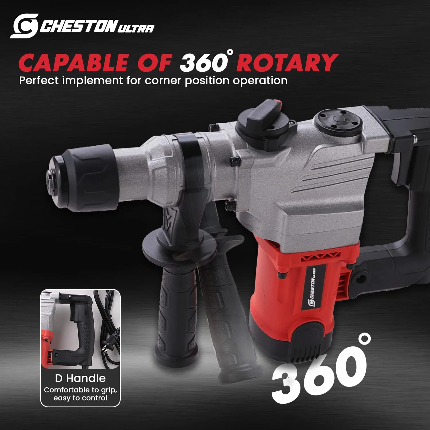 Cheston Ultra 26mm Core Drill Rotary Hammer 1200W | 900RPM For Drilling & Demolition Task With Accessories 3 Drill Bits & 2 Chisels