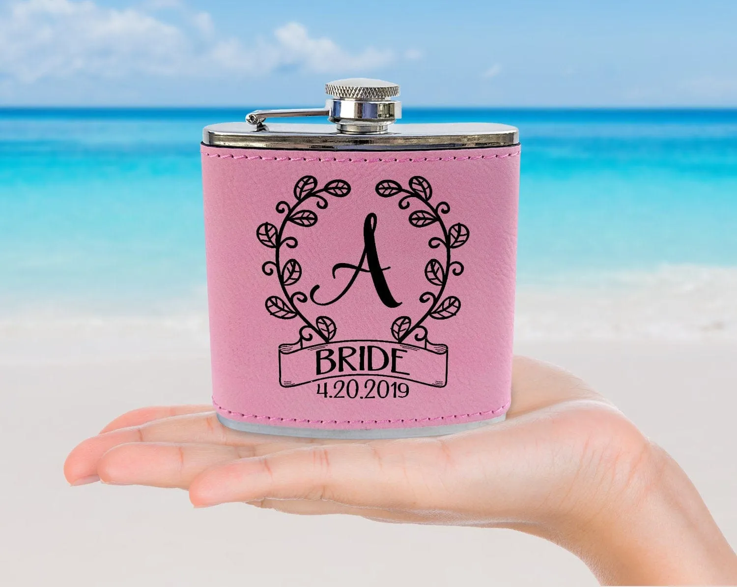 Classy Single Monogram Personalized Birthday Flask Gift Teal or Pink Engraved Womens Present from Husband Wife Anniversary Idea Team Bride