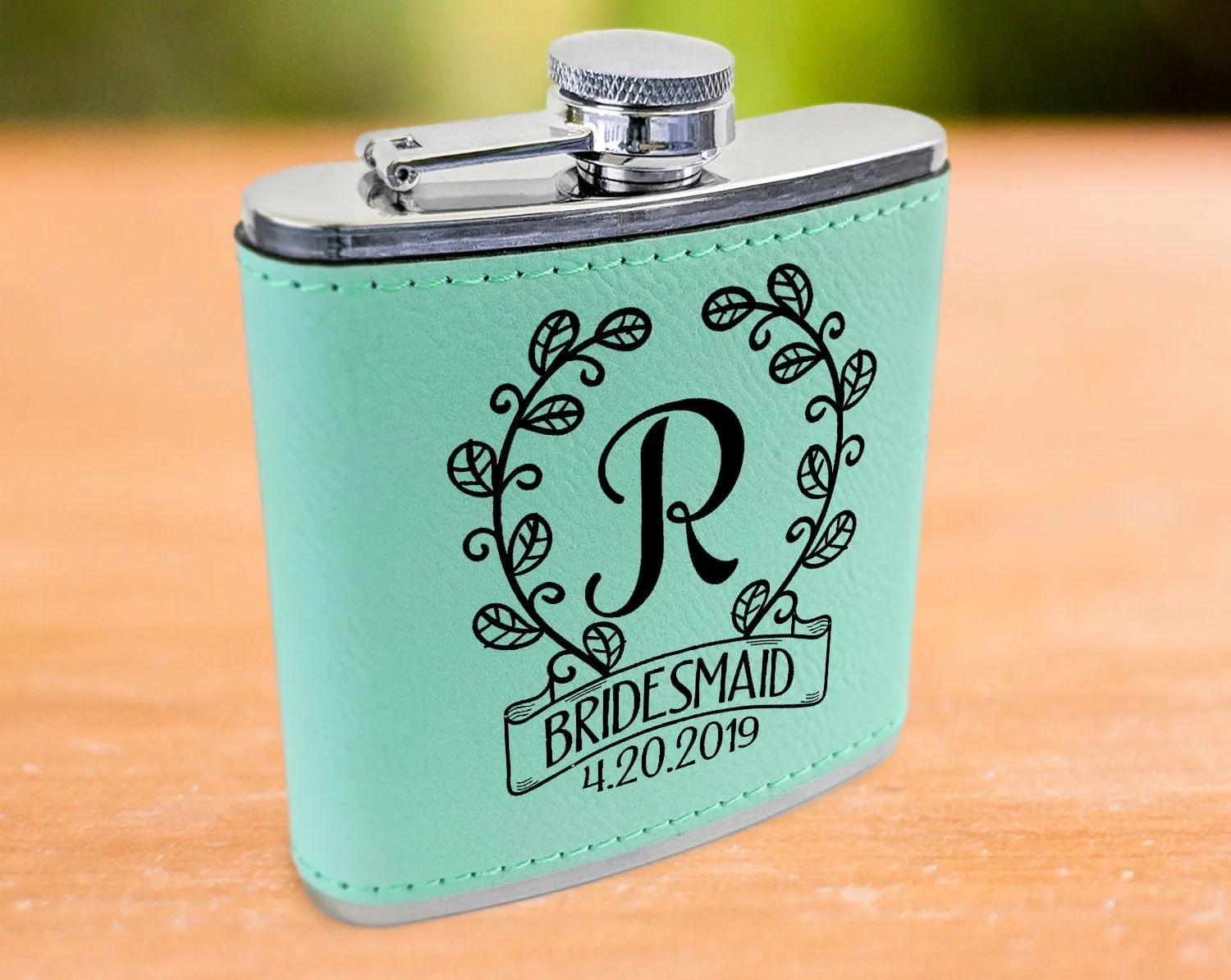 Classy Single Monogram Personalized Birthday Flask Gift Teal or Pink Engraved Womens Present from Husband Wife Anniversary Idea Team Bride