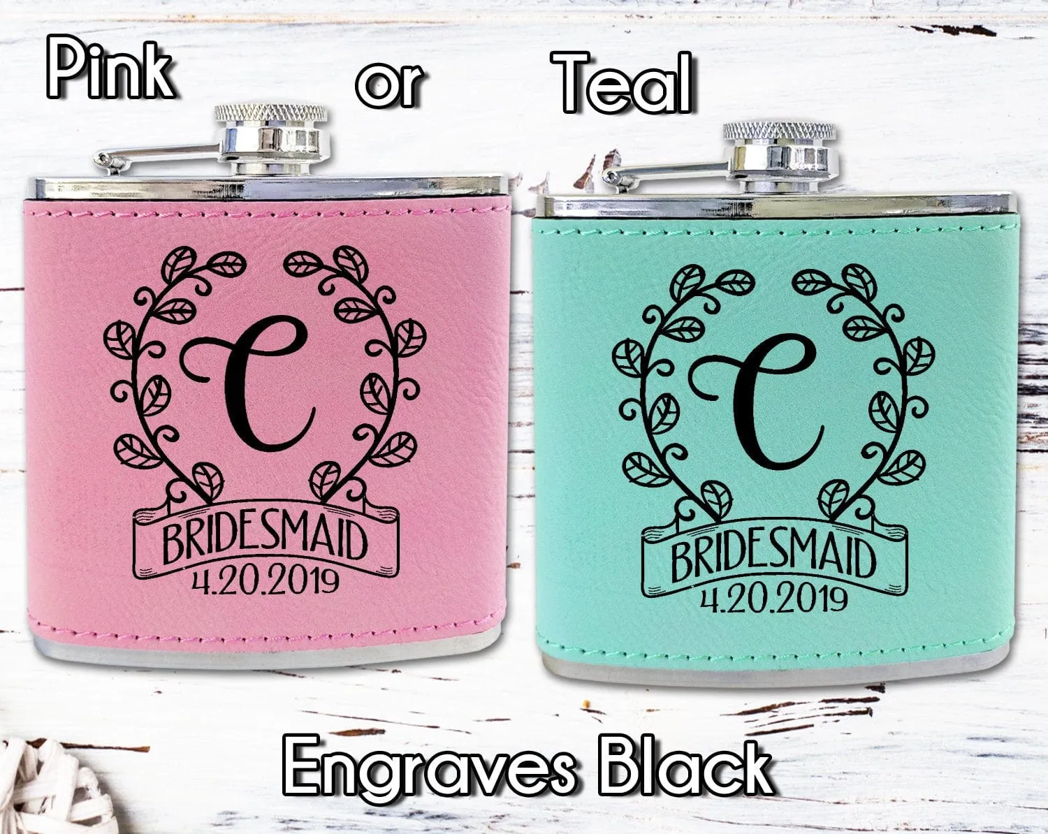 Classy Single Monogram Personalized Birthday Flask Gift Teal or Pink Engraved Womens Present from Husband Wife Anniversary Idea Team Bride