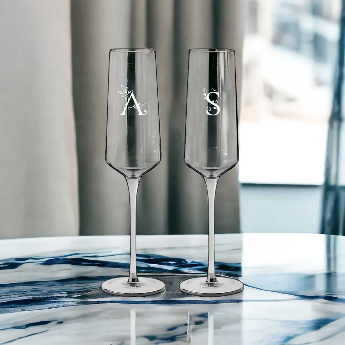 Engraved Champagne Glass with Initial - Premium Champagne Flutes