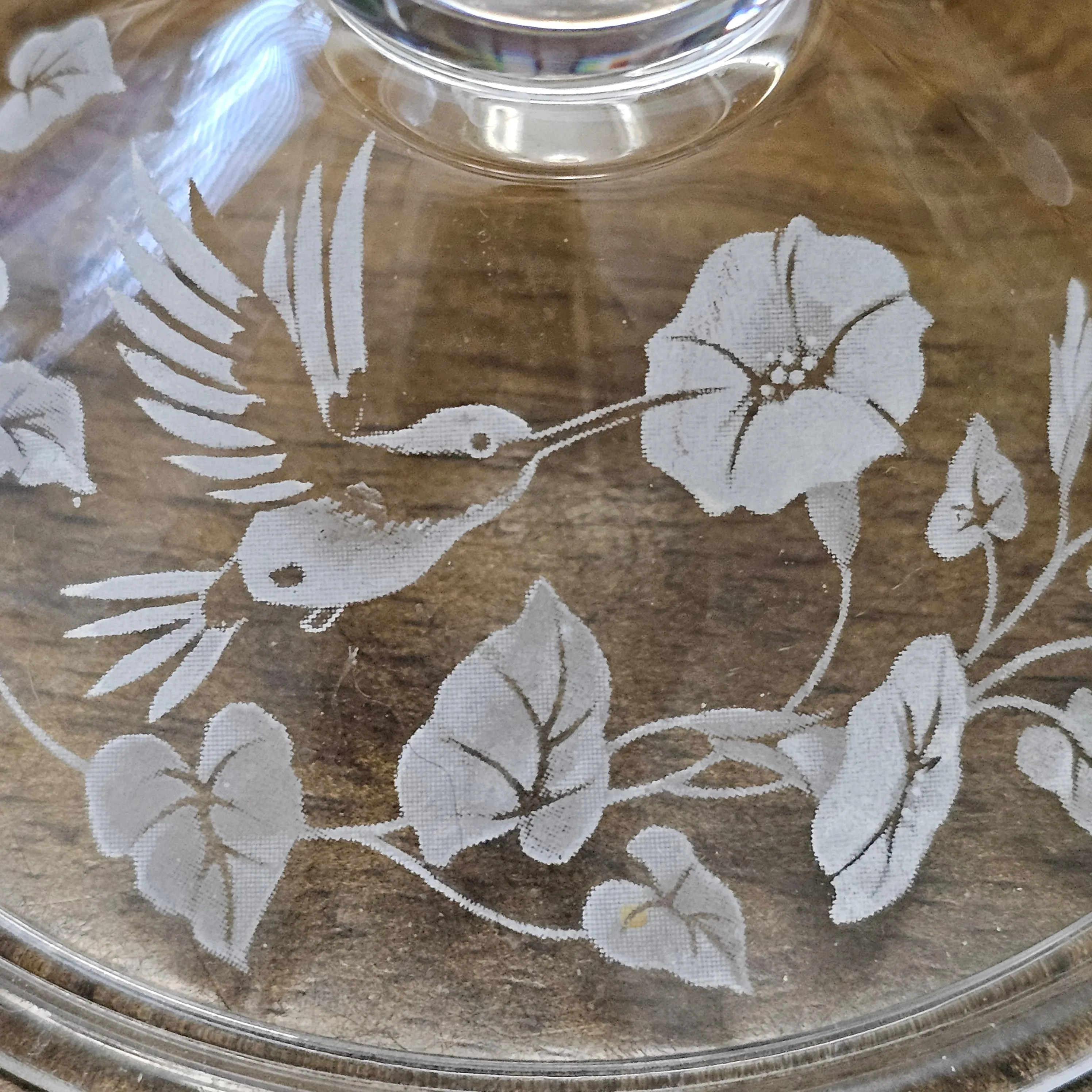 Etched Full Lead Crystal Hummingbird and Trumpet Flower Glass Candlestick by Avon