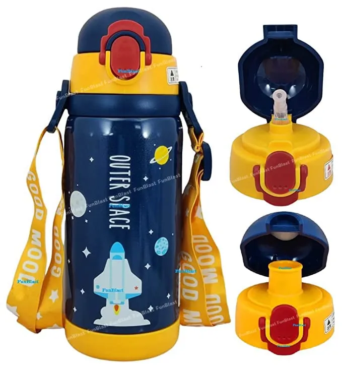 FunBlast Space Theme Hot & Cold Water Bottle for Kids - Double Walled Thermos Flask Vacuum Insulated Stainless Steel Bottle - Dual Cap Bottle with Straw & Wide Mouth Cap (450ML, Navy Blue, Pack of 1)