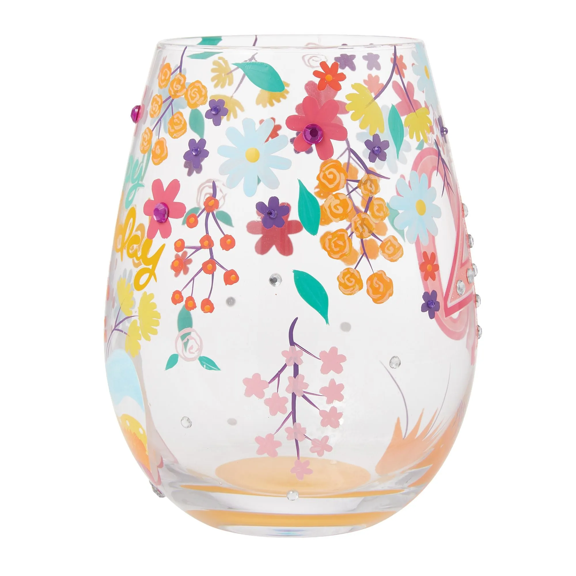 Happy 40th Birthday Hand Painted Stemless Wine Glass