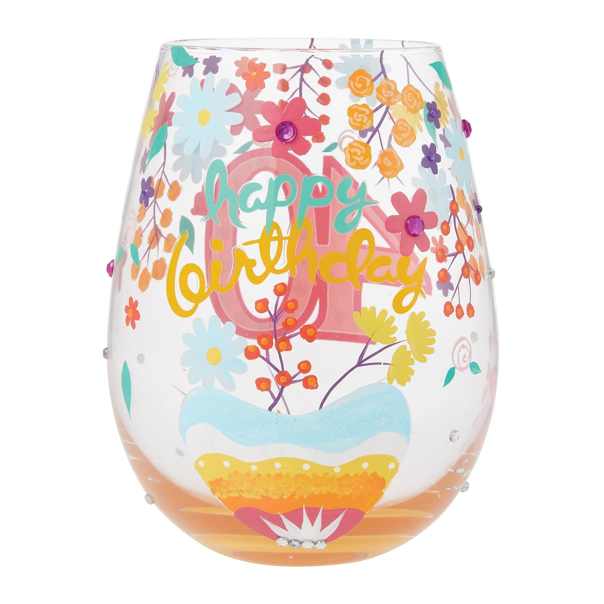 Happy 40th Birthday Hand Painted Stemless Wine Glass