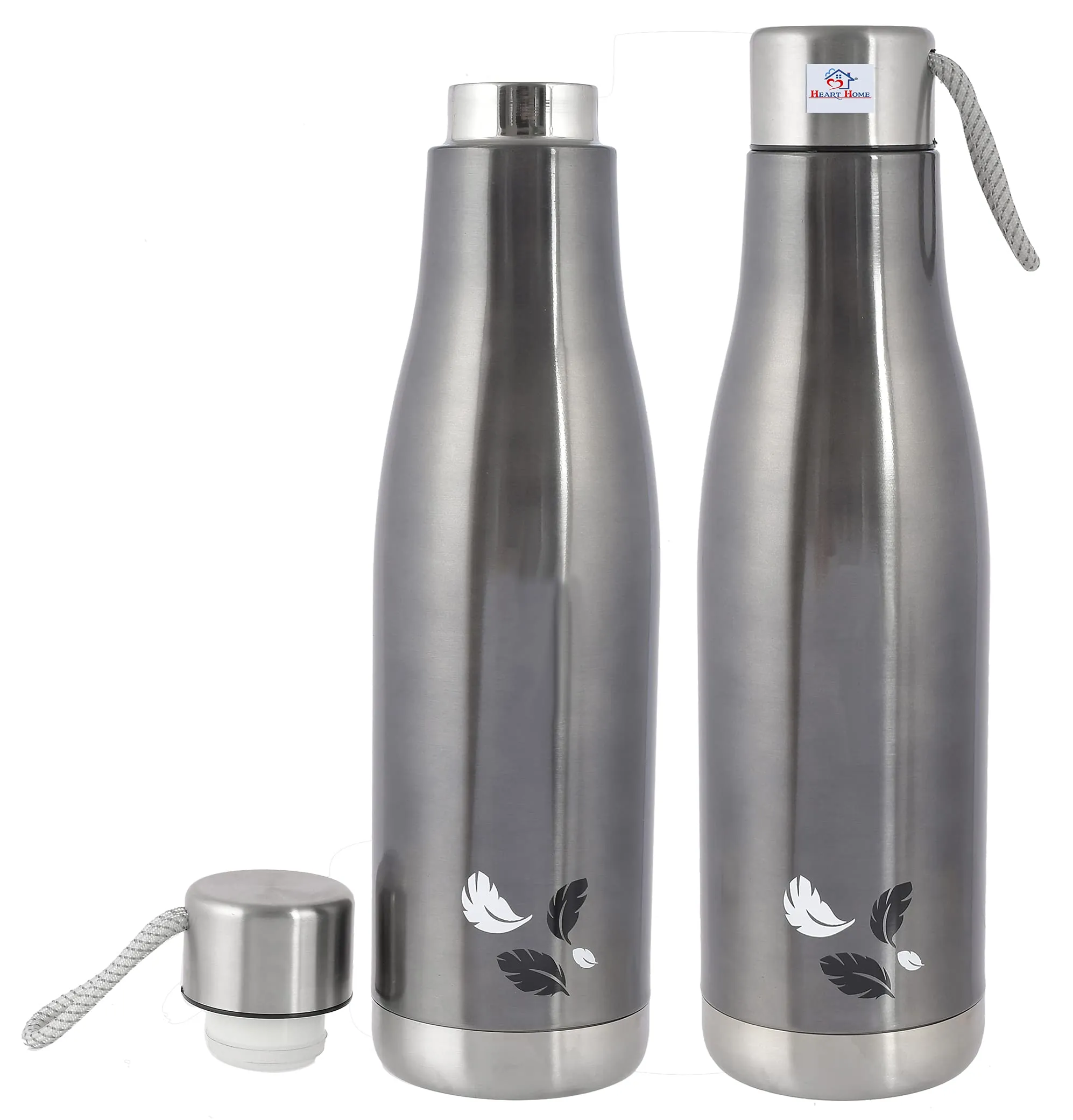 Heart Home Leak/Odour Free Insulated Double Wall Stainless Steel Water Bottle/Flask with Carrying Strip, 1000ml- Pack of 2 (Grey)-HS42KUBMART25176