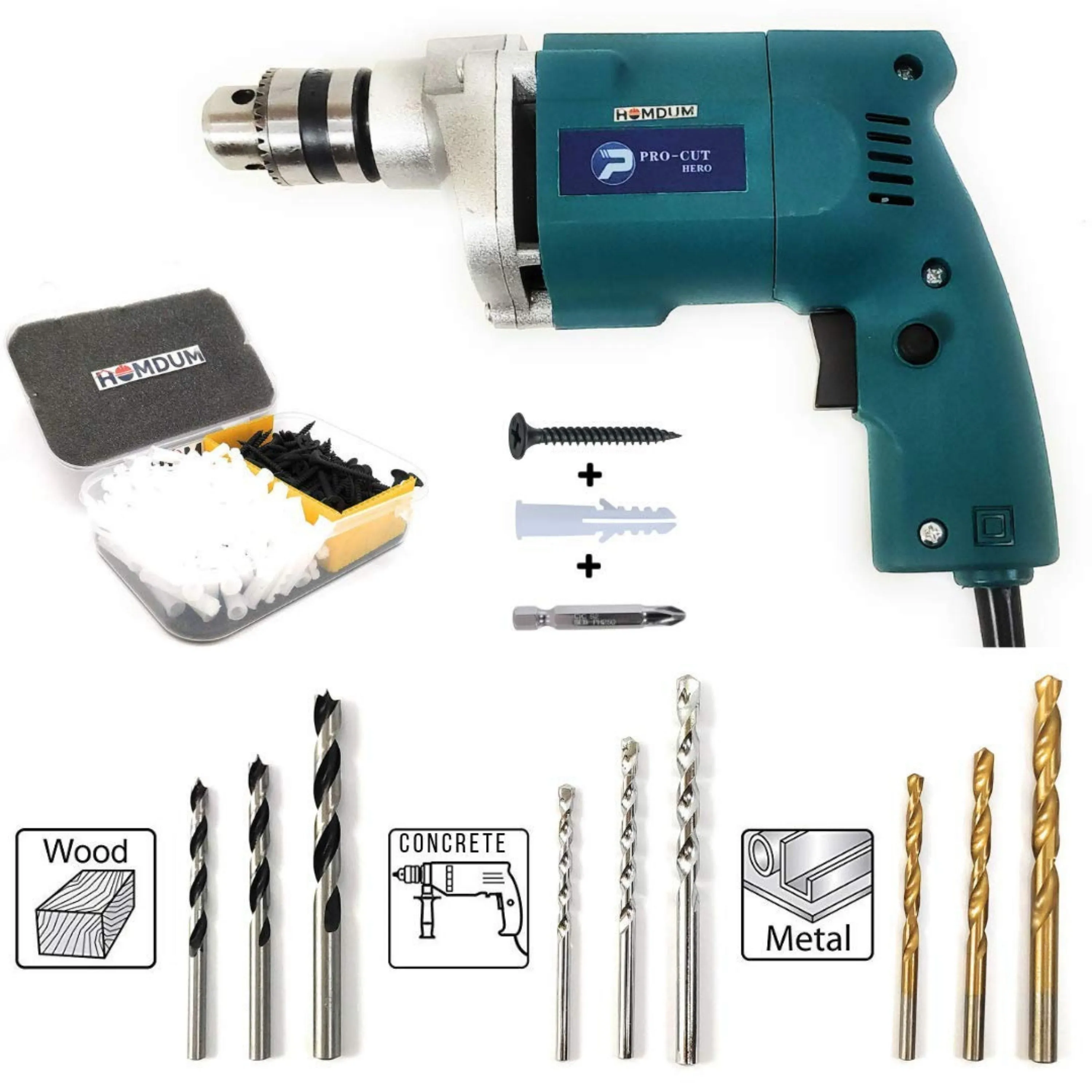 Homdum Electric 10mm Procut Drill Machine with 1" Plug &Screws, PH2 Bit& 9pc Drill Bit set