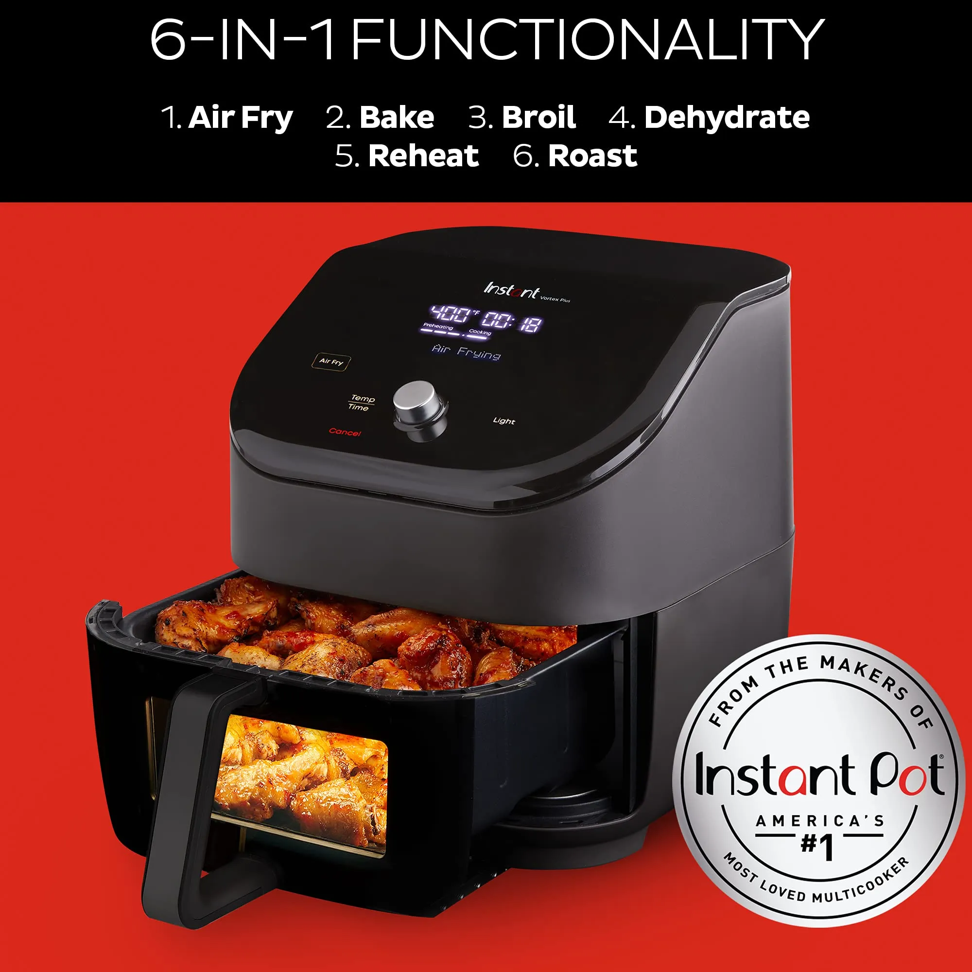 Instant Pot Air Fryer Vortex 6 Litre Clear Cook Touch Control Panel 360° Uses 95 % less Oil 6-in-1 Appliance: Air Fry, Roast, Broil, Bake, Reheat, and Dehydrate Vortex 6 Litre ClearCook, 1700 watts