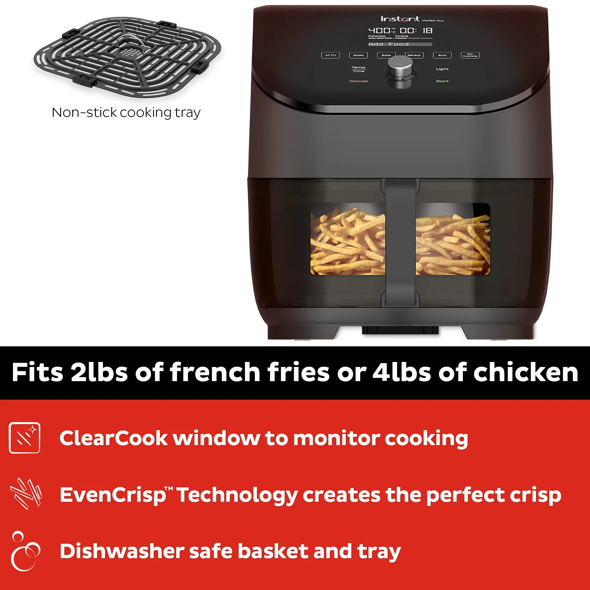 Instant Pot Air Fryer Vortex 6 Litre Clear Cook Touch Control Panel 360° Uses 95 % less Oil 6-in-1 Appliance: Air Fry, Roast, Broil, Bake, Reheat, and Dehydrate Vortex 6 Litre ClearCook, 1700 watts