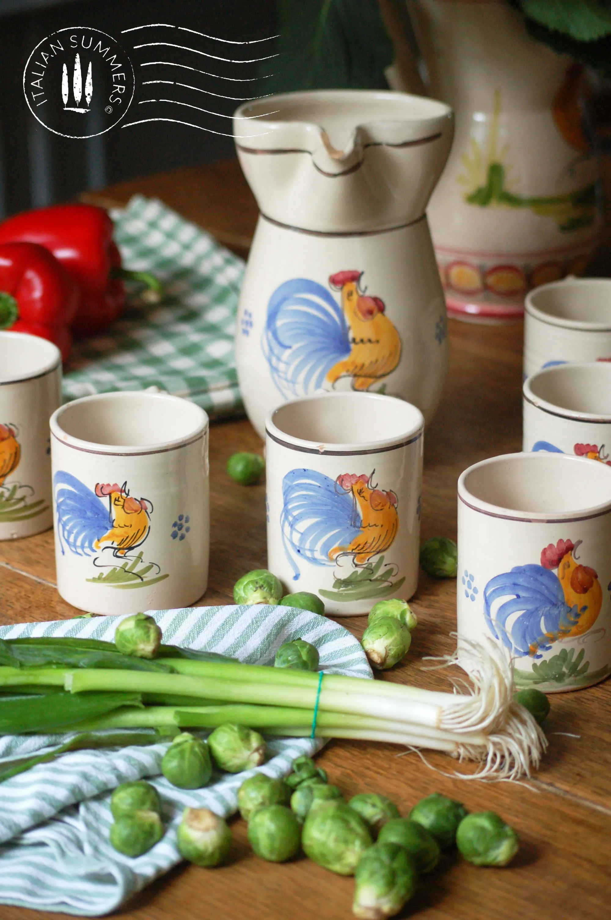 Italian vintage ceramic set from Puglia, 6 wine/coffee mugs and carafe 1980s , ceramic set with rooster from Puglia, Puglia rooster set