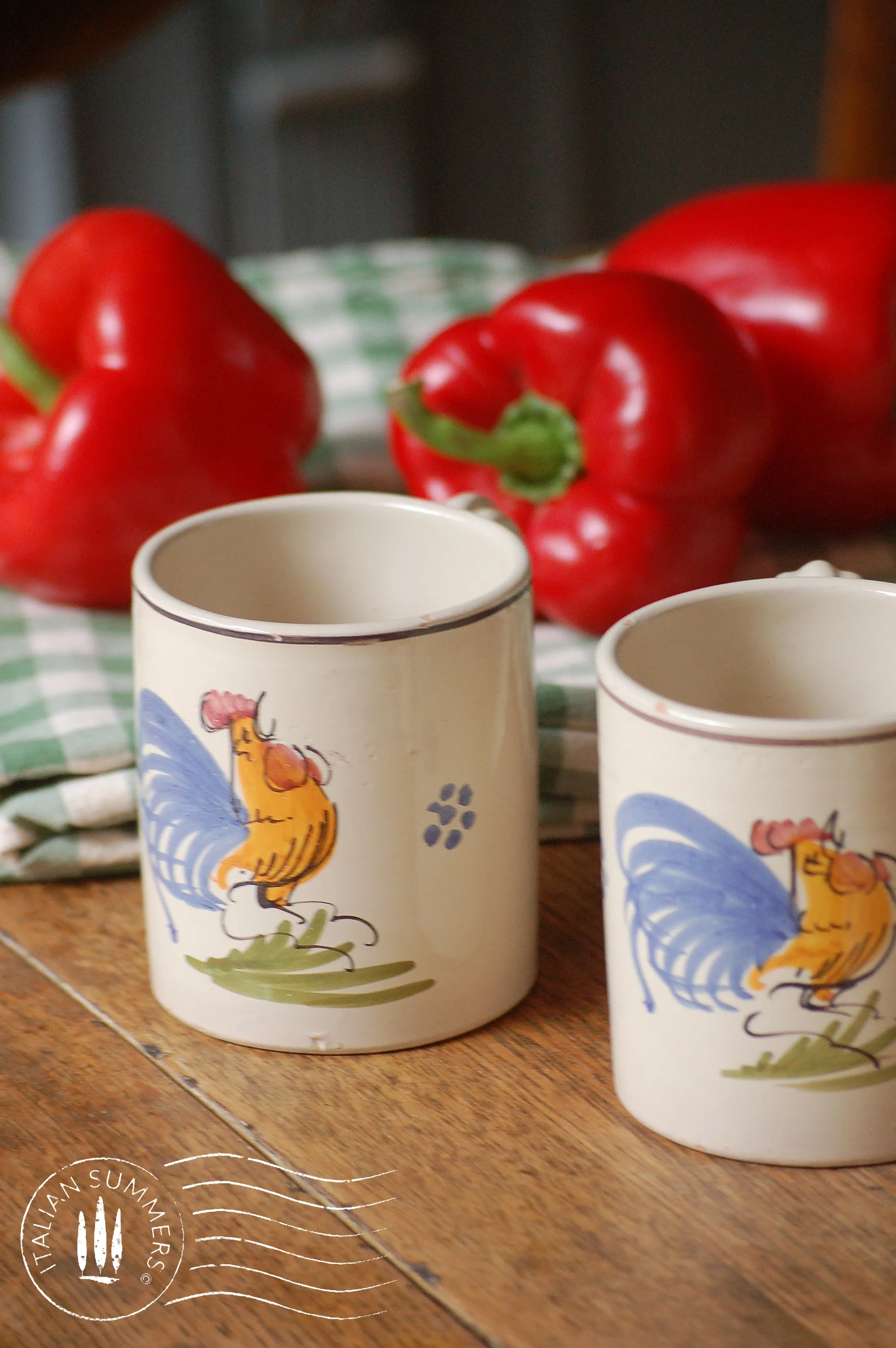 Italian vintage ceramic set from Puglia, 6 wine/coffee mugs and carafe 1980s , ceramic set with rooster from Puglia, Puglia rooster set