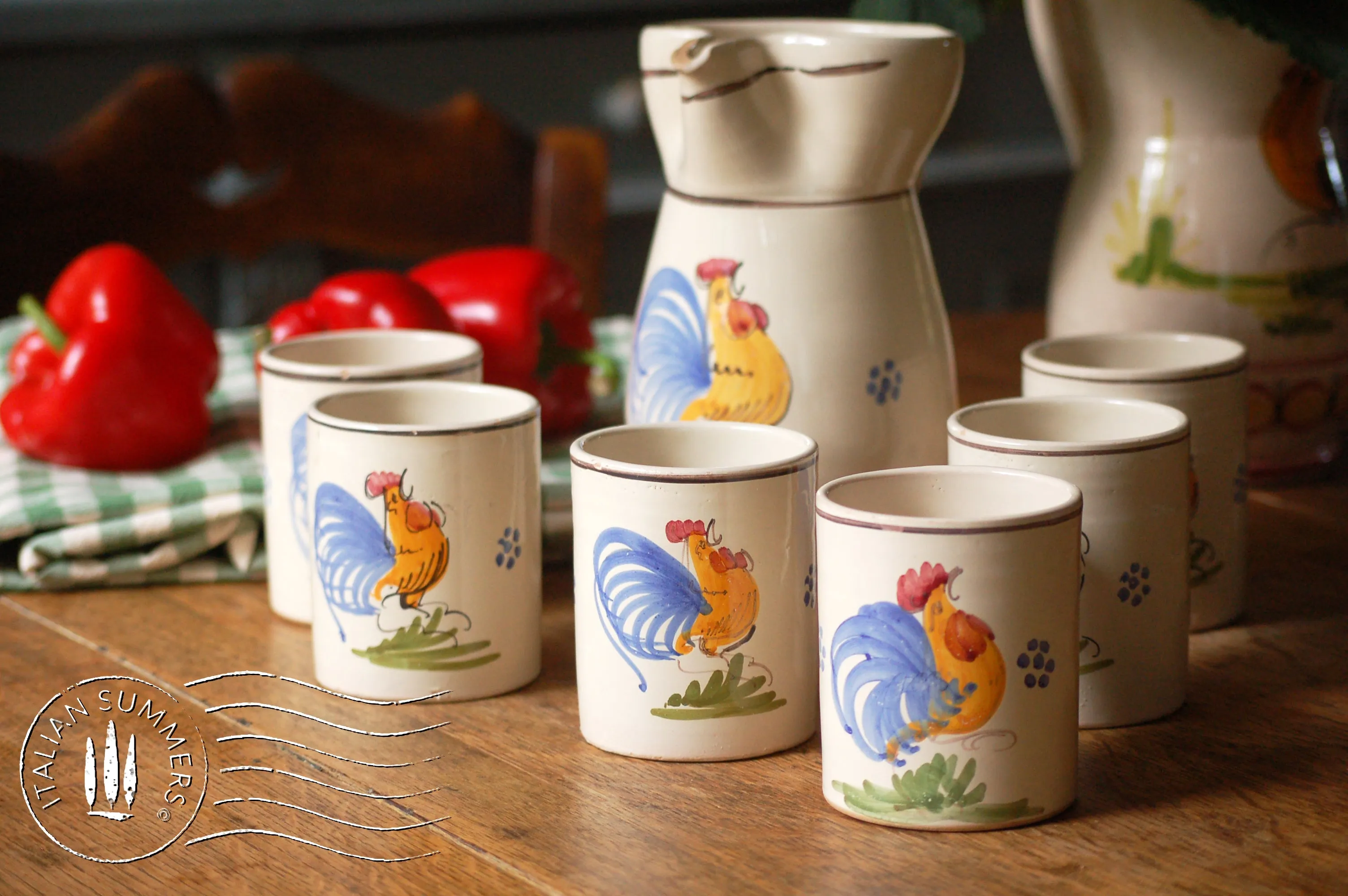 Italian vintage ceramic set from Puglia, 6 wine/coffee mugs and carafe 1980s , ceramic set with rooster from Puglia, Puglia rooster set