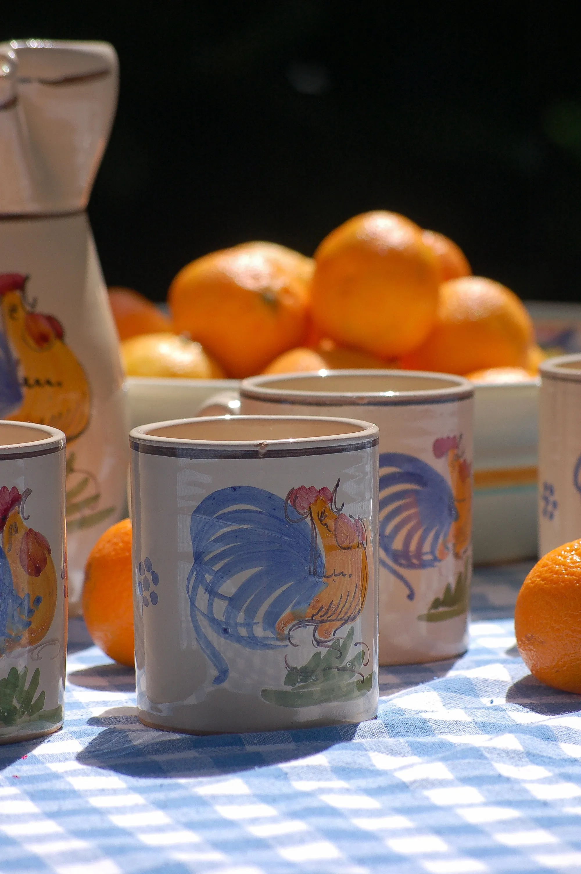 Italian vintage ceramic set from Puglia, 6 wine/coffee mugs and carafe 1980s , ceramic set with rooster from Puglia, Puglia rooster set