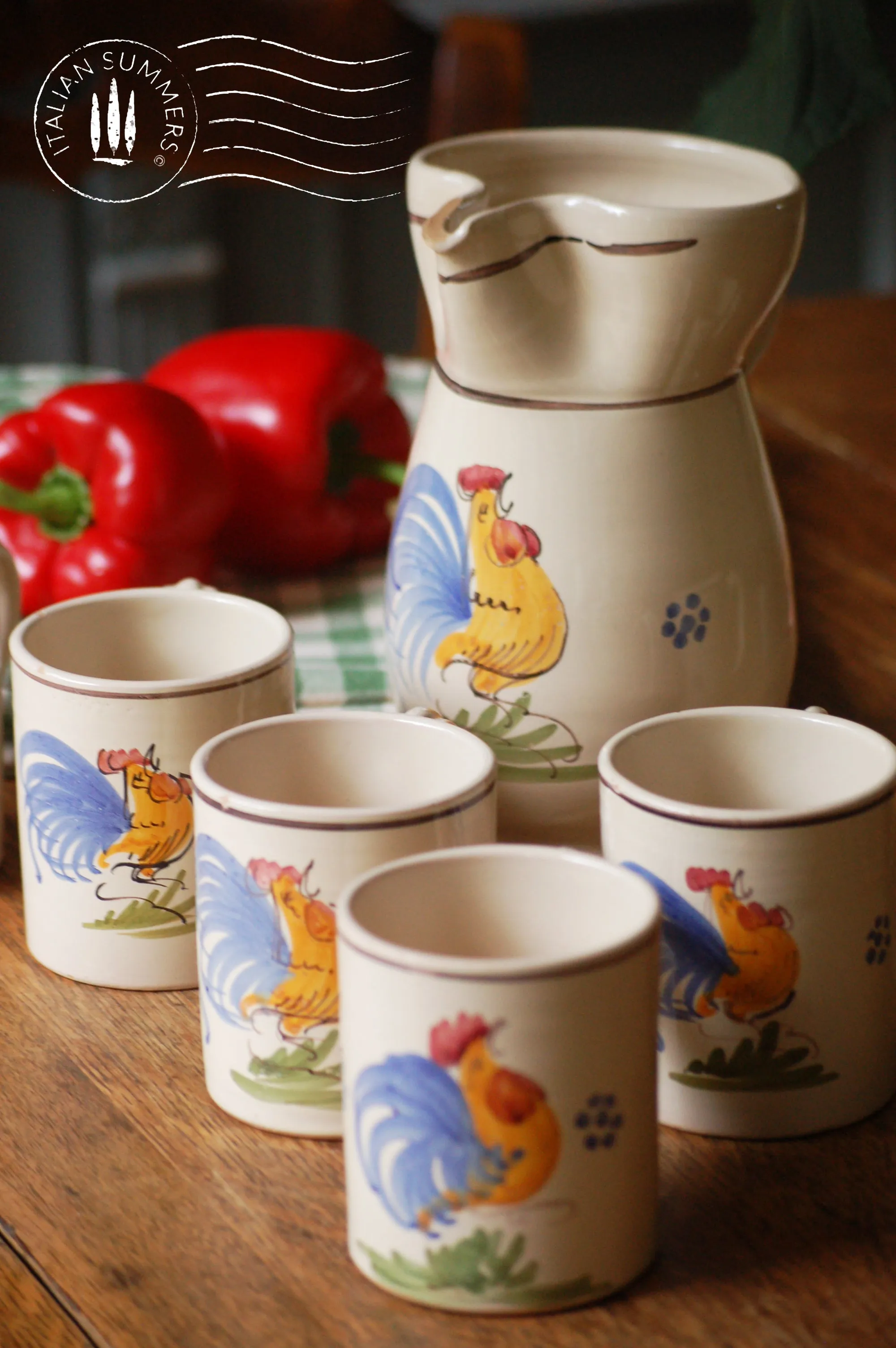 Italian vintage ceramic set from Puglia, 6 wine/coffee mugs and carafe 1980s , ceramic set with rooster from Puglia, Puglia rooster set