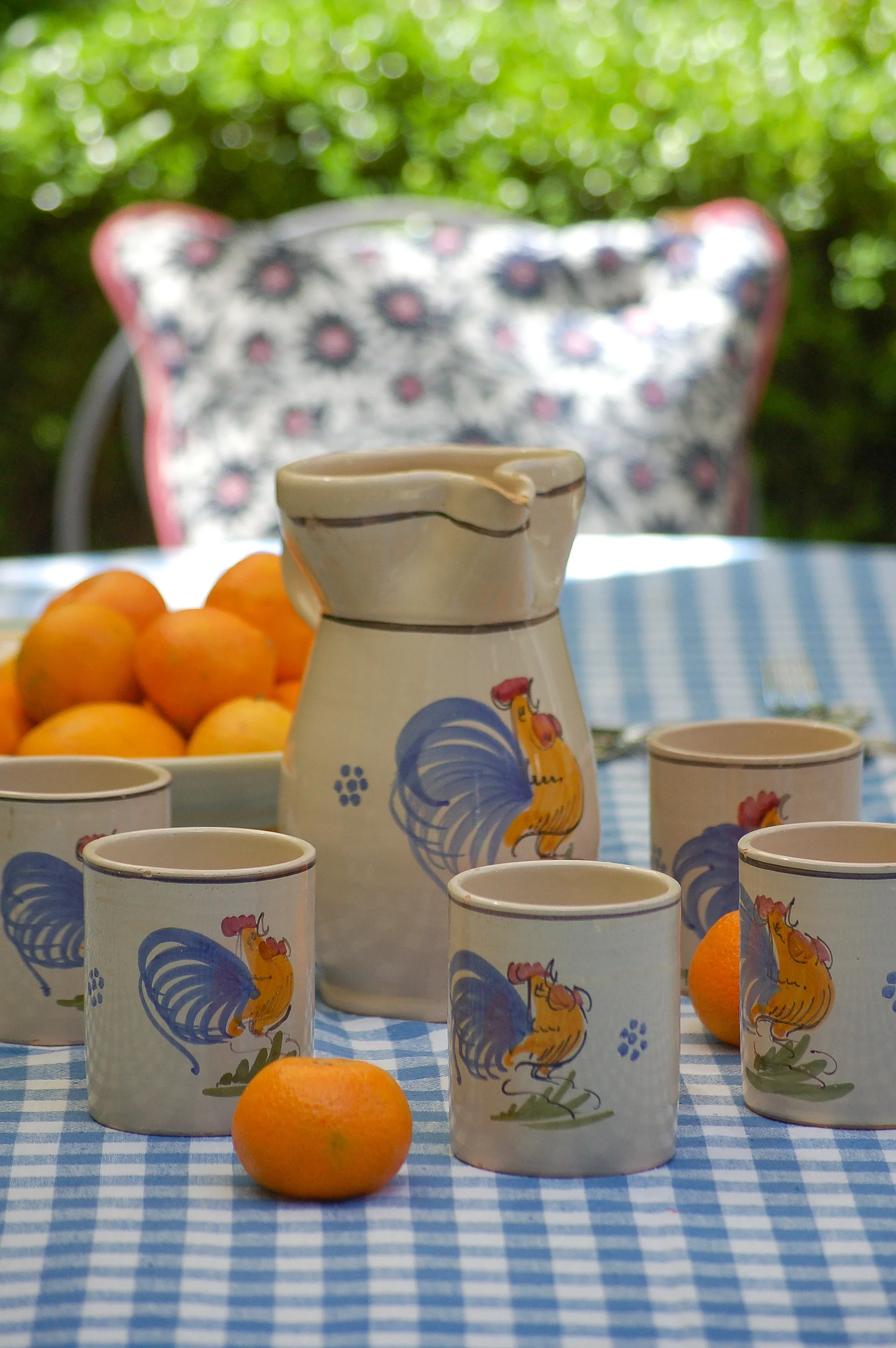 Italian vintage ceramic set from Puglia, 6 wine/coffee mugs and carafe 1980s , ceramic set with rooster from Puglia, Puglia rooster set