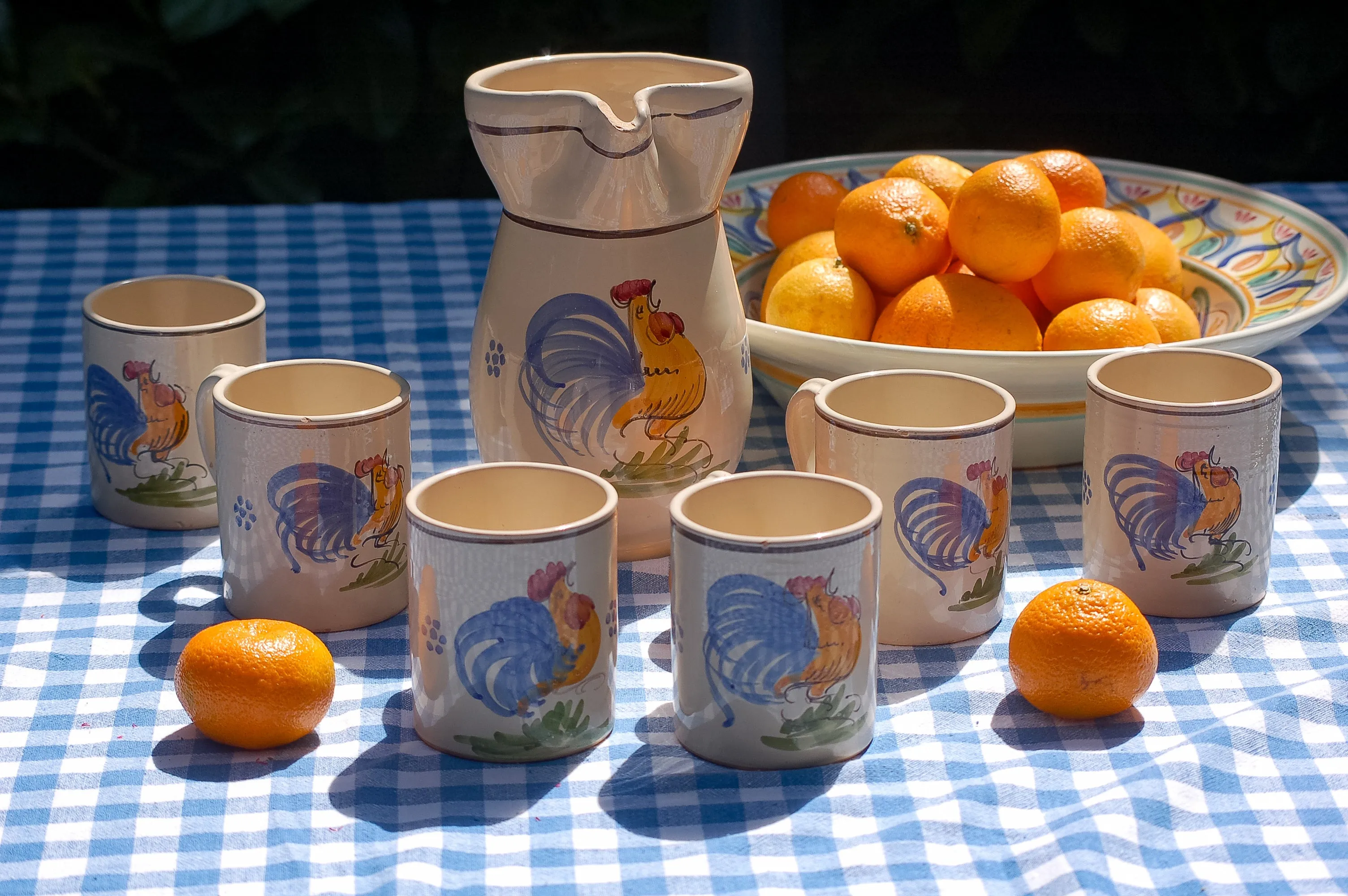 Italian vintage ceramic set from Puglia, 6 wine/coffee mugs and carafe 1980s , ceramic set with rooster from Puglia, Puglia rooster set