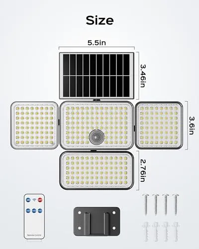 JACKYLED Solar Lights for Outside, 304 LED 8500K Motion Sensor Outdoor Lights, 4 Adjustable Heads 3 Mode Solar Flood Lights, IP65 Waterproof LED Security Lights for Yard Patio Wall (2 Pack)