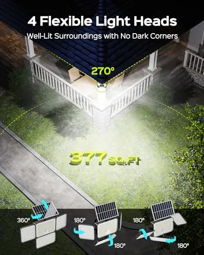 JACKYLED Solar Lights for Outside, 304 LED 8500K Motion Sensor Outdoor Lights, 4 Adjustable Heads 3 Mode Solar Flood Lights, IP65 Waterproof LED Security Lights for Yard Patio Wall (2 Pack)