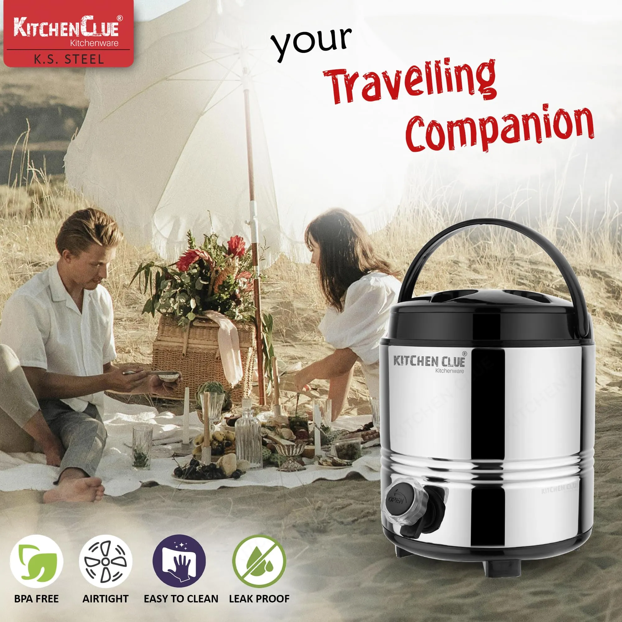 Kitchen Clue Stainless Steel Water Jug/Flask 3 Liter with Easy to Carry Handle I 2 Inch PUF Insulated Keeps Beverages HOT & Cold Upto 4-5 Hrs I Airtight LIDA & Leak-Proof Tap I Travel Companion