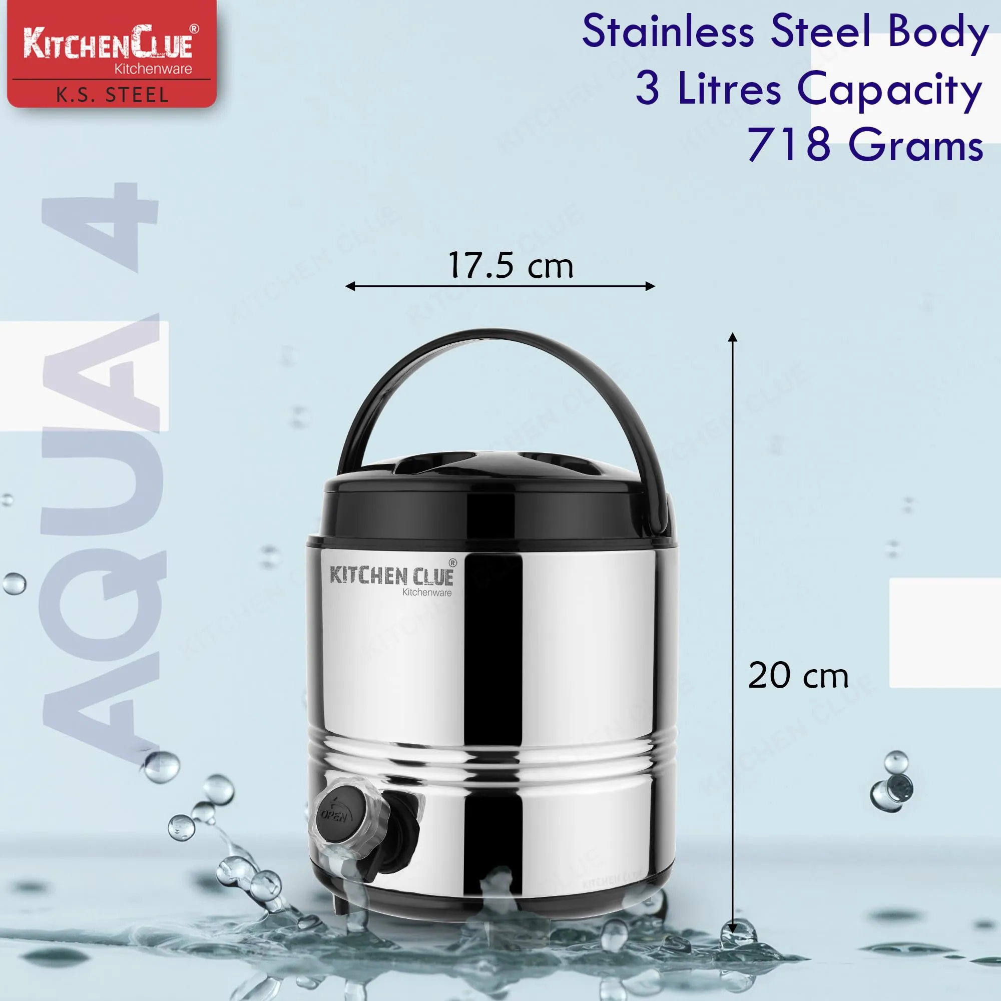 Kitchen Clue Stainless Steel Water Jug/Flask 3 Liter with Easy to Carry Handle I 2 Inch PUF Insulated Keeps Beverages HOT & Cold Upto 4-5 Hrs I Airtight LIDA & Leak-Proof Tap I Travel Companion